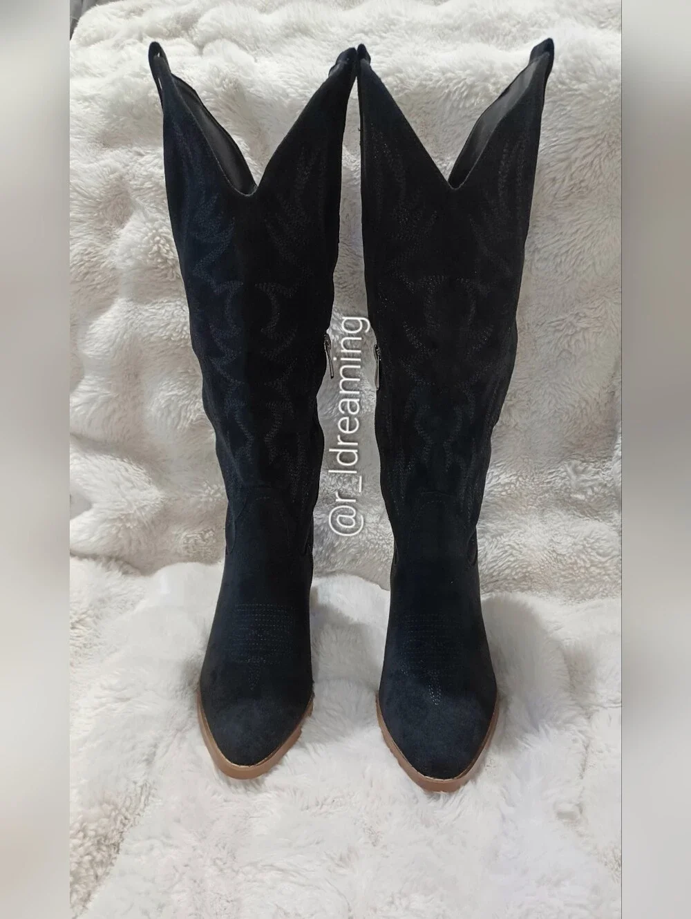Women's Black Suede Western Cowboy Boots Size 8.5